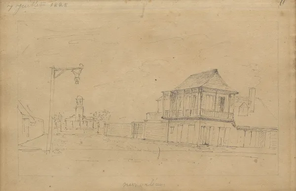 Vue de la Nouvelle-Orléans (Louisiane) - Dans le fond, la chapelle mortuaire de Saint-Anthony construite en 1826-1827 par Gurlie et Guillot pour éviter la propagation des maladies par les enterrements.